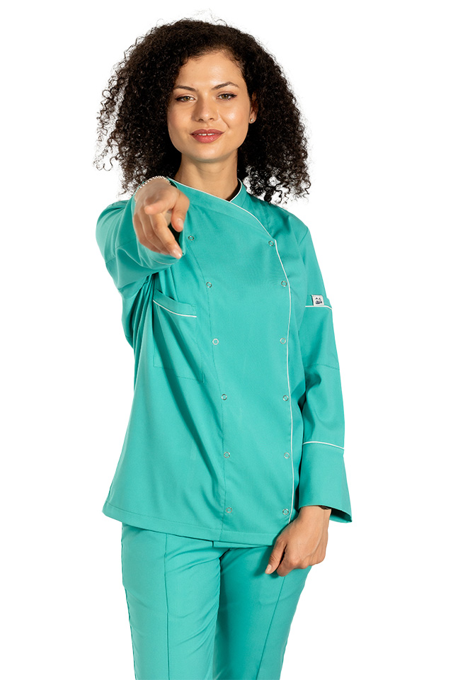 Tunica bucatar dama, verde, cu maneca lunga, inchidere cu capse