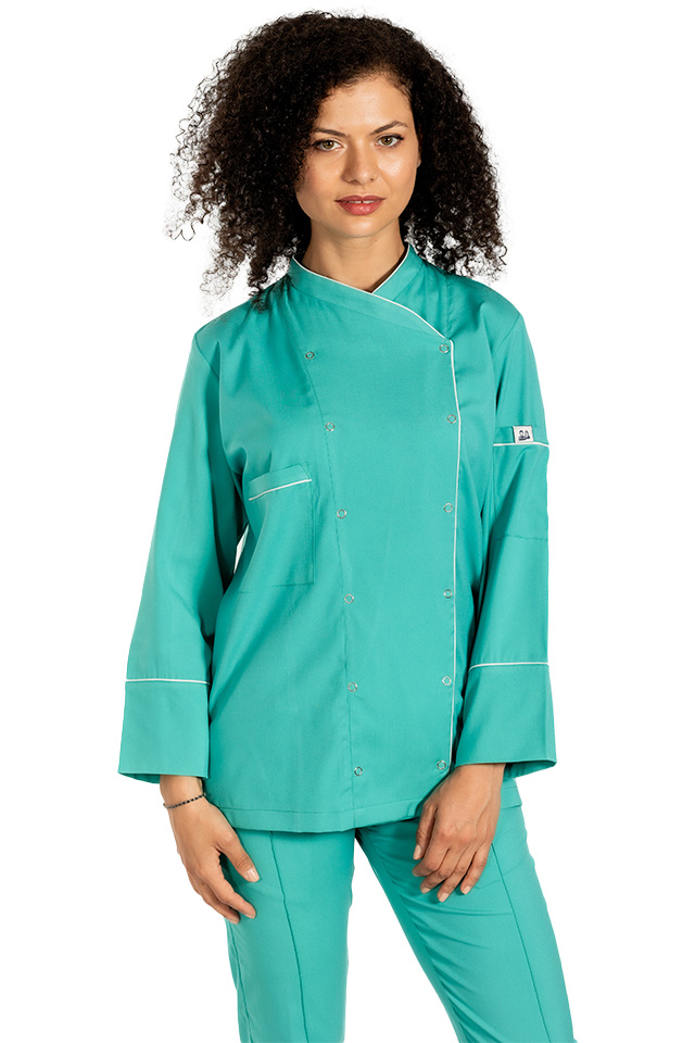 Tunica bucatar dama, verde, cu maneca lunga, inchidere cu capse