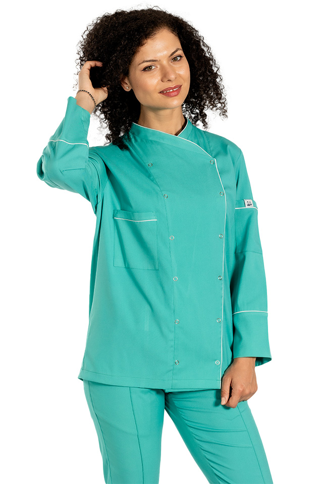 Tunica bucatar dama, verde, cu maneca lunga, inchidere cu capse
