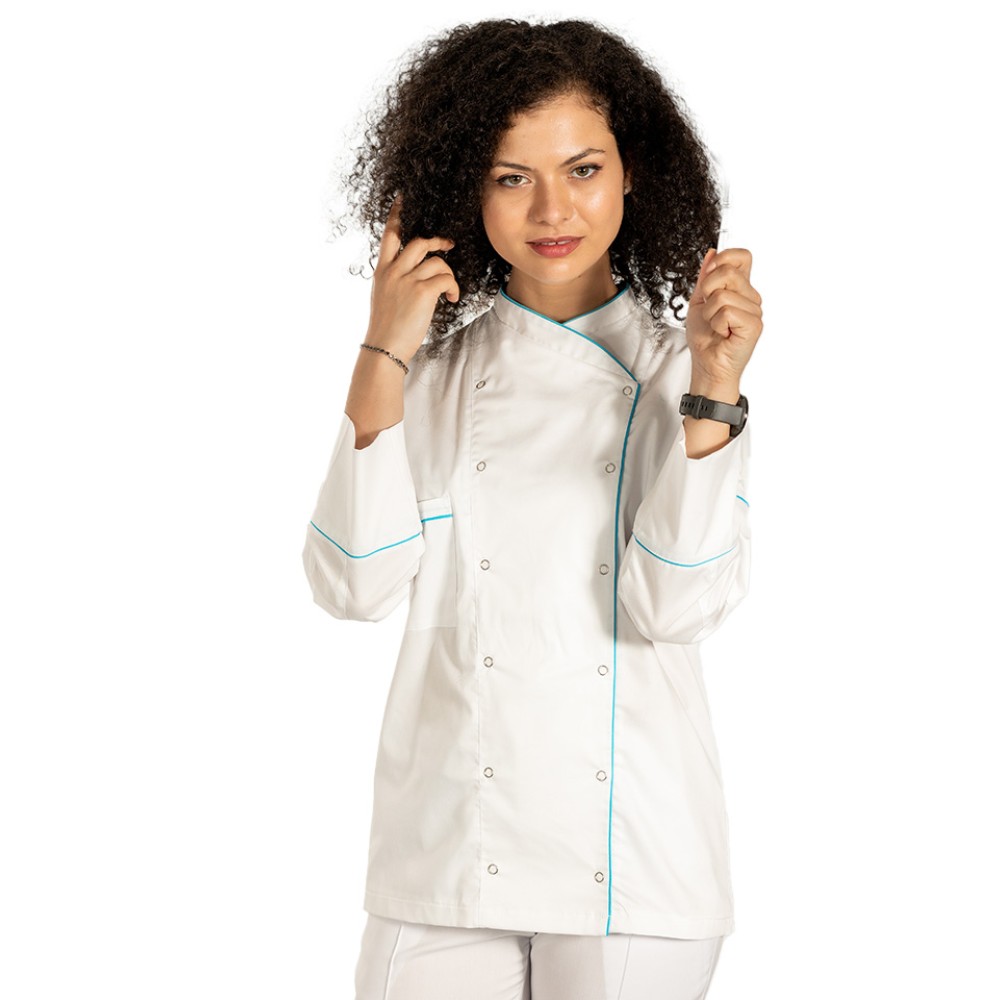 Tunica bucatar dama, alba, cu maneca lunga, inchidere cu capse