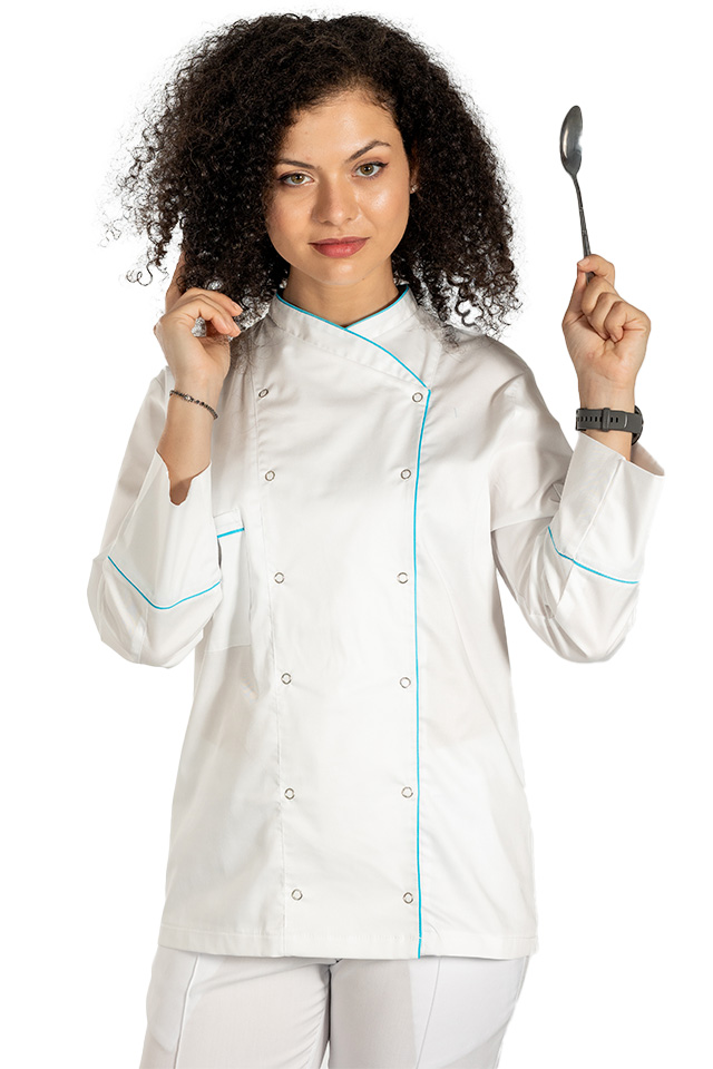 Tunica bucatar dama, alba, cu maneca lunga, inchidere cu capse