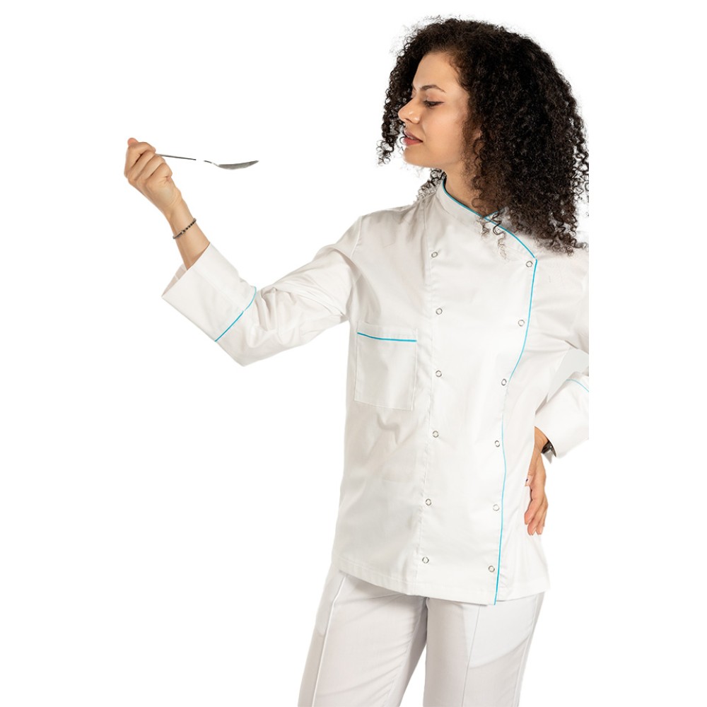 Tunica bucatar dama, alba, cu maneca lunga, inchidere cu capse