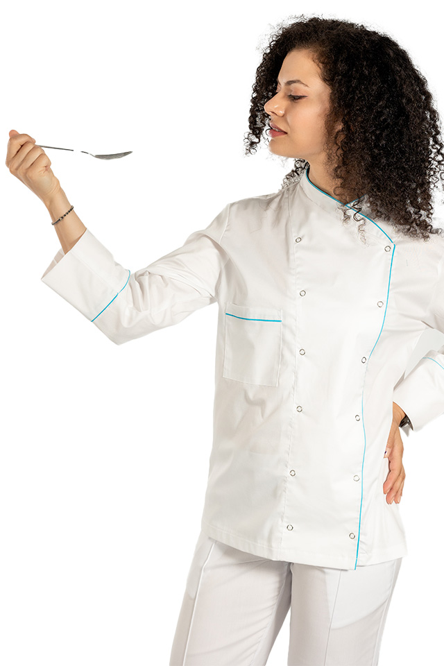 Tunica bucatar dama, alba, cu maneca lunga, inchidere cu capse