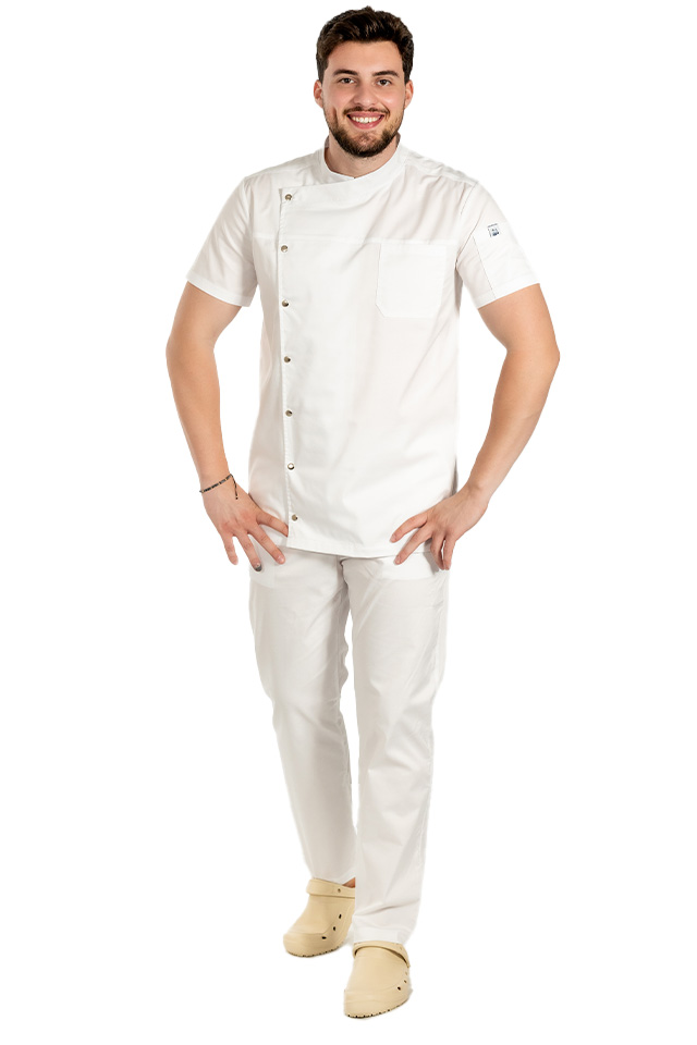 Uniforma bucatar tip tunica alba, cu maneca scurta, material elastic