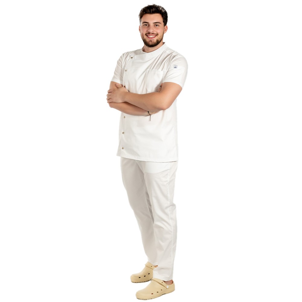 Uniforma bucatar tip tunica alba, cu maneca scurta, material elastic