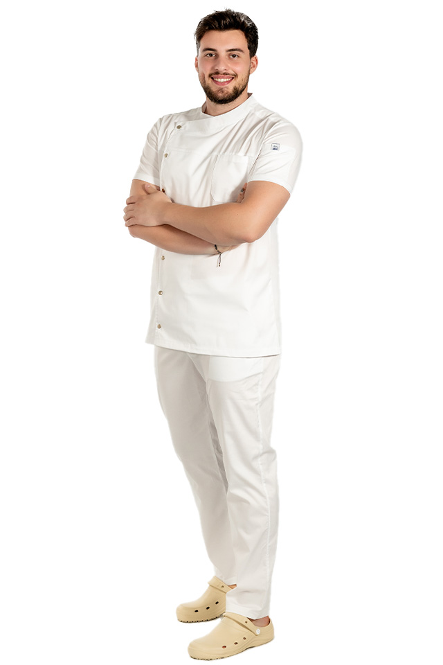 Uniforma bucatar tip tunica alba, cu maneca scurta, material elastic