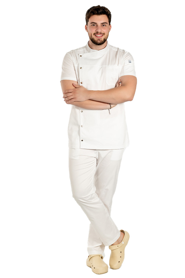 Uniforma bucatar tip tunica alba, cu maneca scurta, material elastic