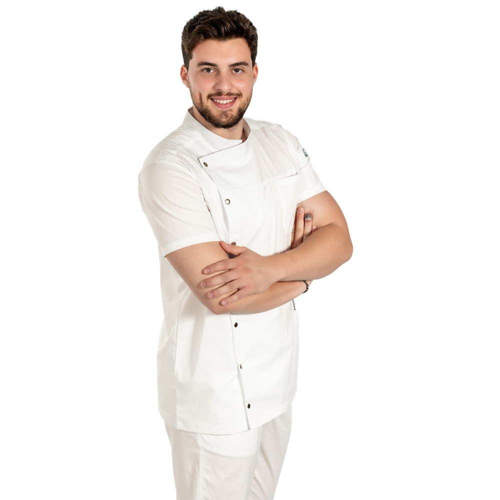 Tunica bucatar alb cu maneca scurta, capse