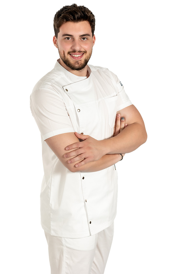 Tunica bucatar alb cu maneca scurta, capse