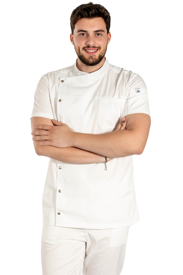 Tunica bucatar alb cu maneca scurta, capse