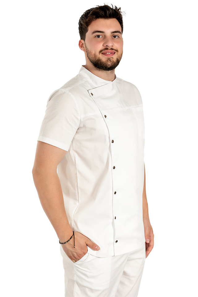 Tunica bucatar alb cu maneca scurta, capse