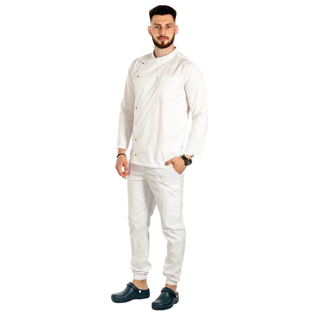 Uniforma bucatar tip tunica alba stretch cu maneca lunga, capse