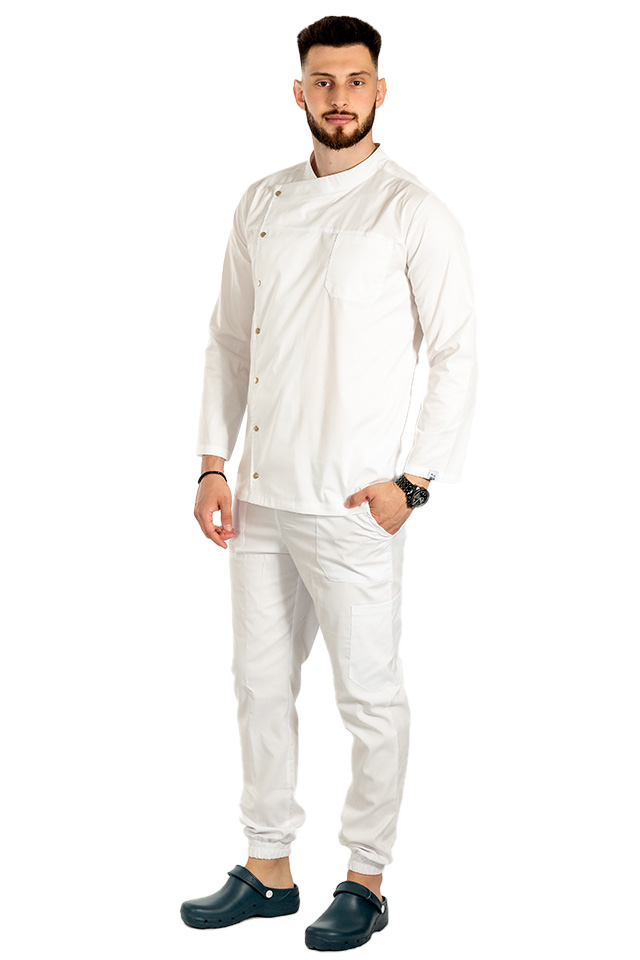 Uniforma bucatar tip tunica alba stretch cu maneca lunga, capse