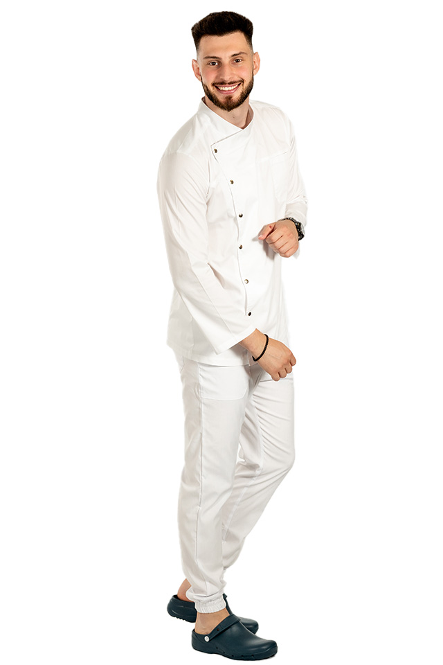 Uniforma bucatar tip tunica alba stretch cu maneca lunga, capse