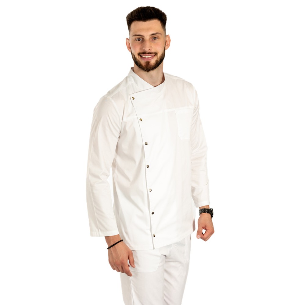 Tunica bucatar alb cu maneca lunga, capse