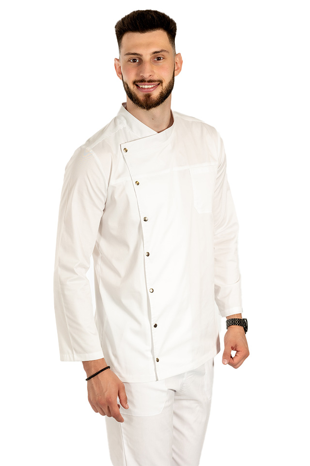 Tunica bucatar alb cu maneca lunga, capse..