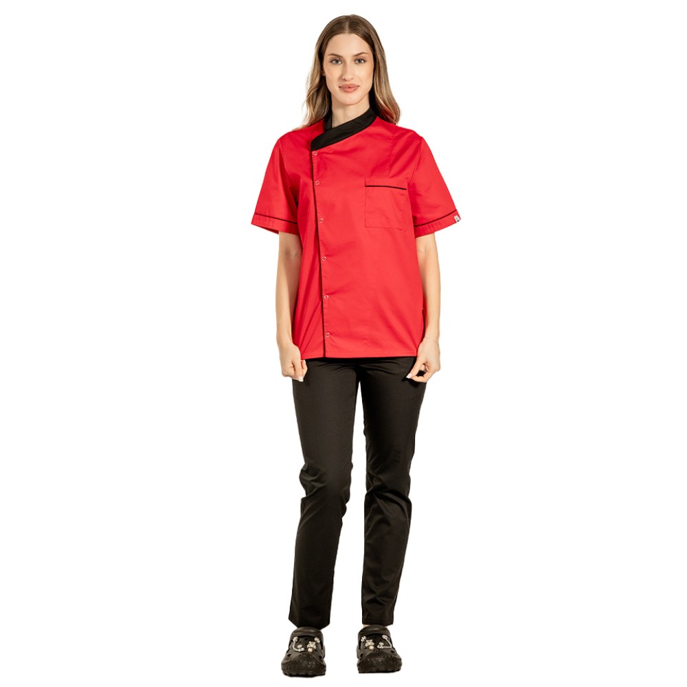 Uniforma bucatar dama rosie tip tunica cu capse si pantaloni cu snur si elastic in talie