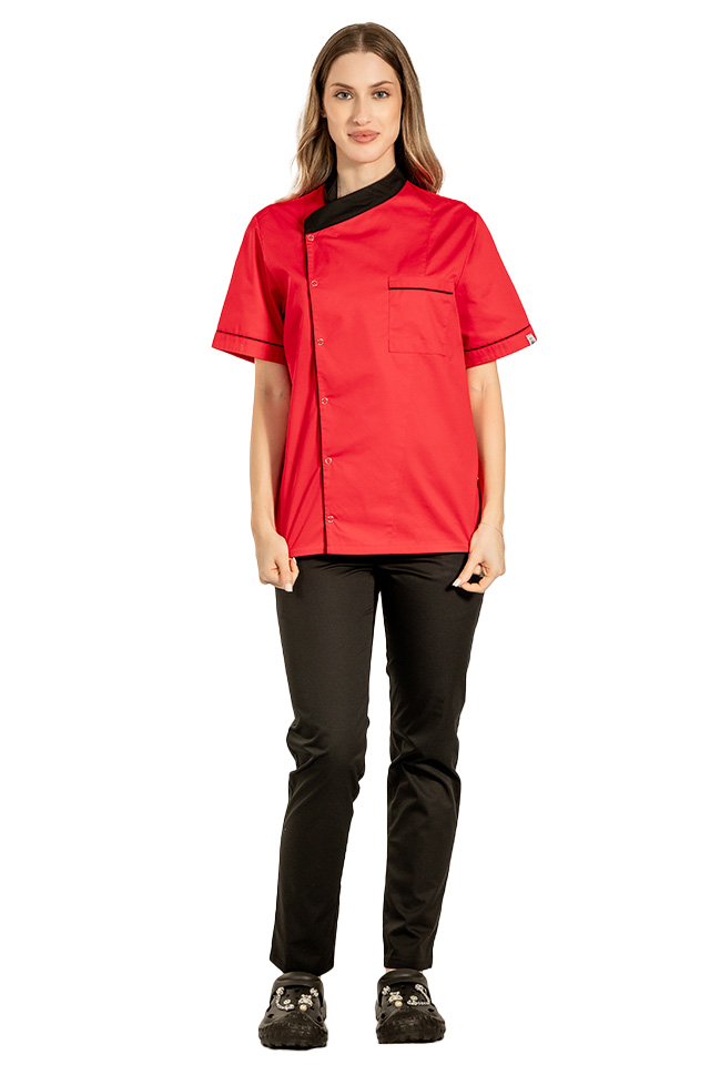 Uniforma bucatar dama rosie tip tunica cu capse si pantaloni cu snur si elastic in talie