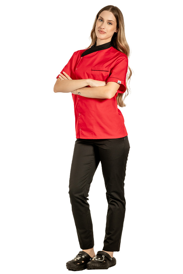 Uniforma bucatar dama rosie tip tunica cu capse si pantaloni cu snur si elastic in talie