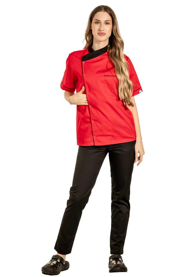 Uniforma bucatar dama rosie tip tunica cu capse si pantaloni cu snur si elastic in talie