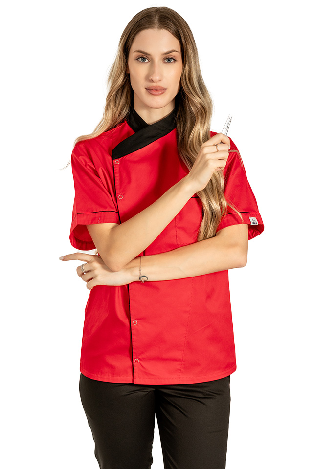Tunica bucatar dama, rosie, cu maneca scurta, inchidere cu capse