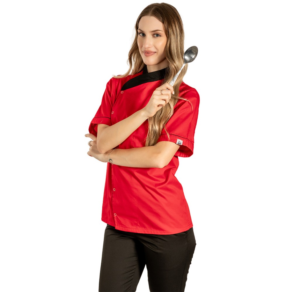 Tunica bucatar dama, rosie, cu maneca scurta, inchidere cu capse