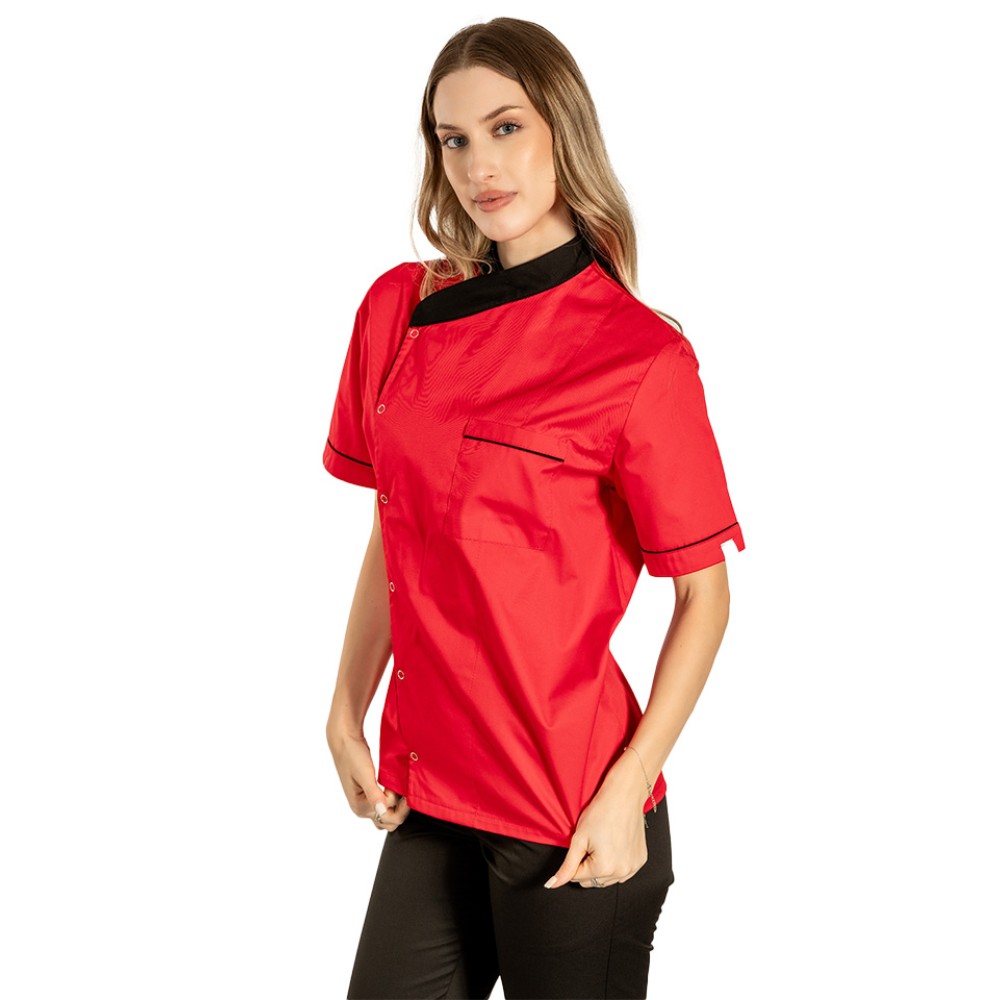 Tunica bucatar dama, rosie, cu maneca scurta, inchidere cu capse