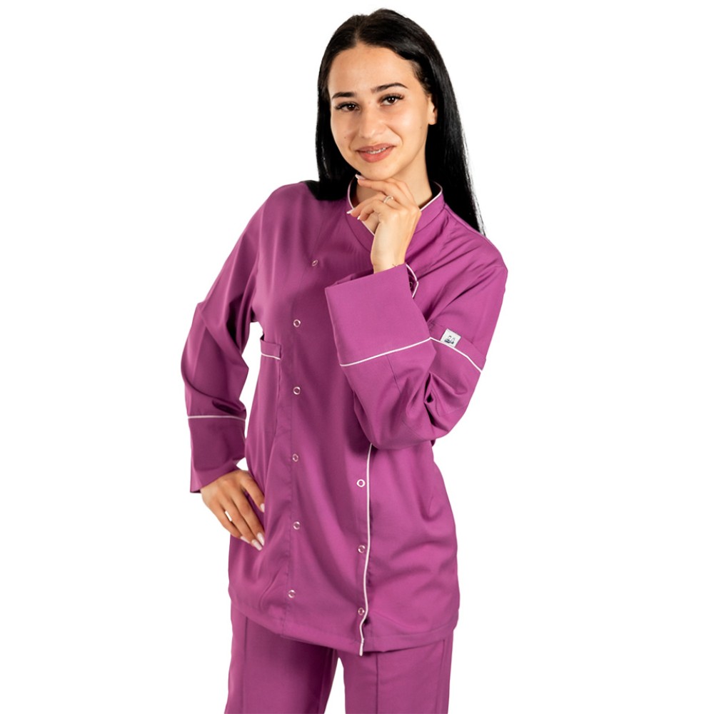 Tunica bucatar dama, magenta, cu maneca lunga, inchidere cu capse