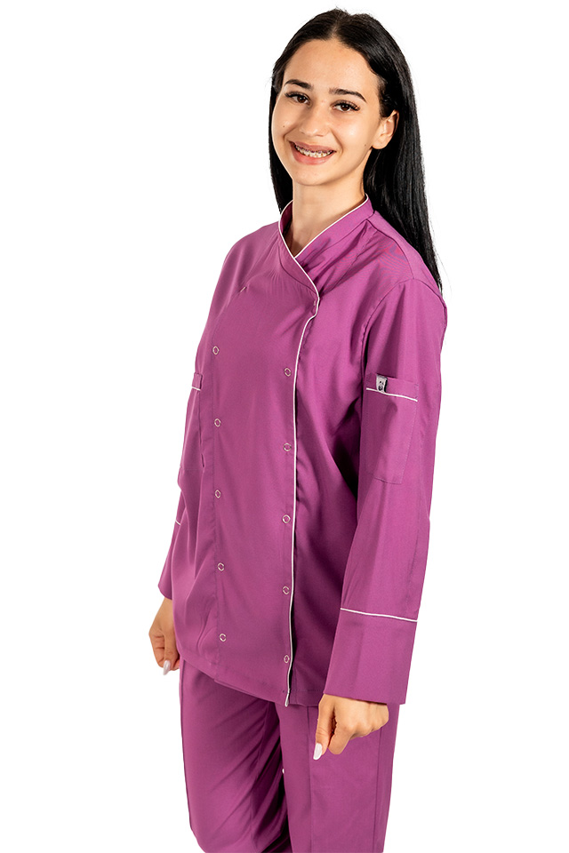 Tunica bucatar dama, magenta, cu maneca lunga, inchidere cu capse