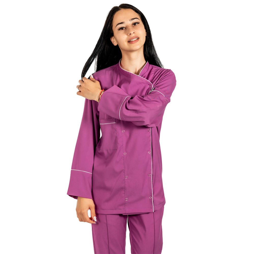 Tunica bucatar dama, magenta, cu maneca lunga, inchidere cu capse