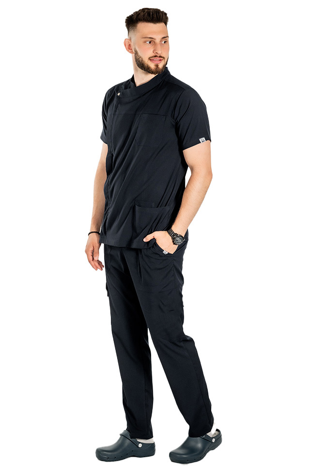 Uniforma bucatar tip tunica dark navy cu maneca scurta, capse si fermoar