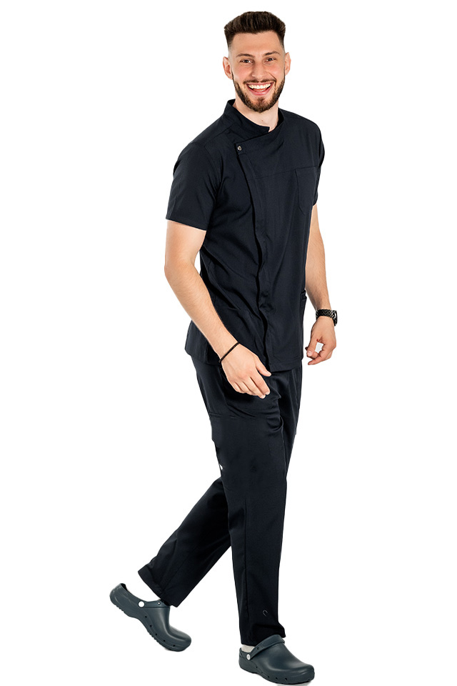 Uniforma bucatar tip tunica dark navy cu maneca scurta, capse si fermoar