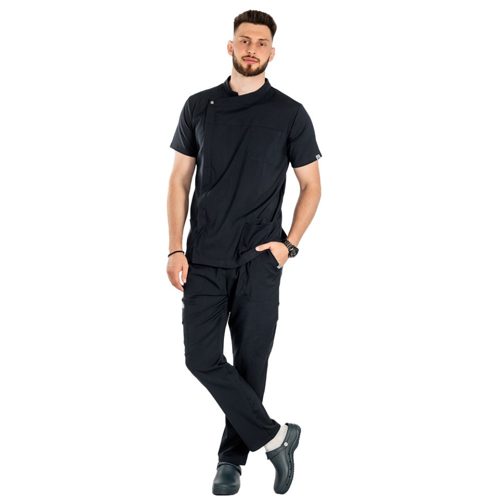 Uniforma bucatar tip tunica dark navy cu maneca scurta, capse si fermoar