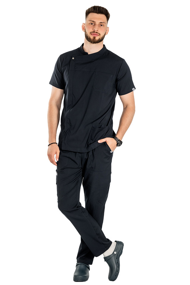 Uniforma bucatar tip tunica dark navy cu maneca scurta, capse si fermoar