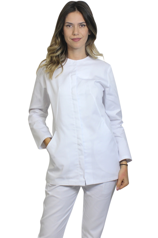 Halat pentru laborator dama, alb cu maneca lunga, fermoar si doua buzunare aplicate
