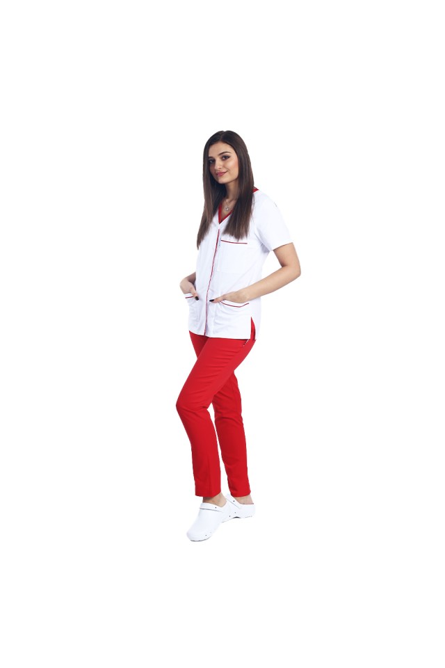 Costum de lucru pentru SPA format din bluza alb cu paspol rosu si pantaloni lime cu elastic