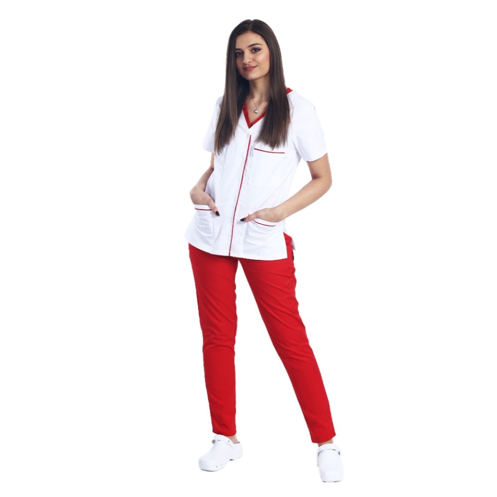 Costum de lucru pentru SPA format din bluza alb cu paspol rosu si pantaloni lime cu elastic