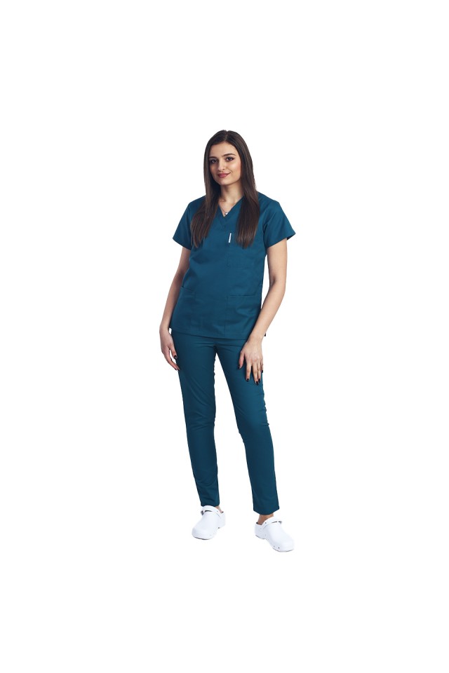 Halat de lucru tuborg dama cu anchior in forma V si trei buzunare aplicate
