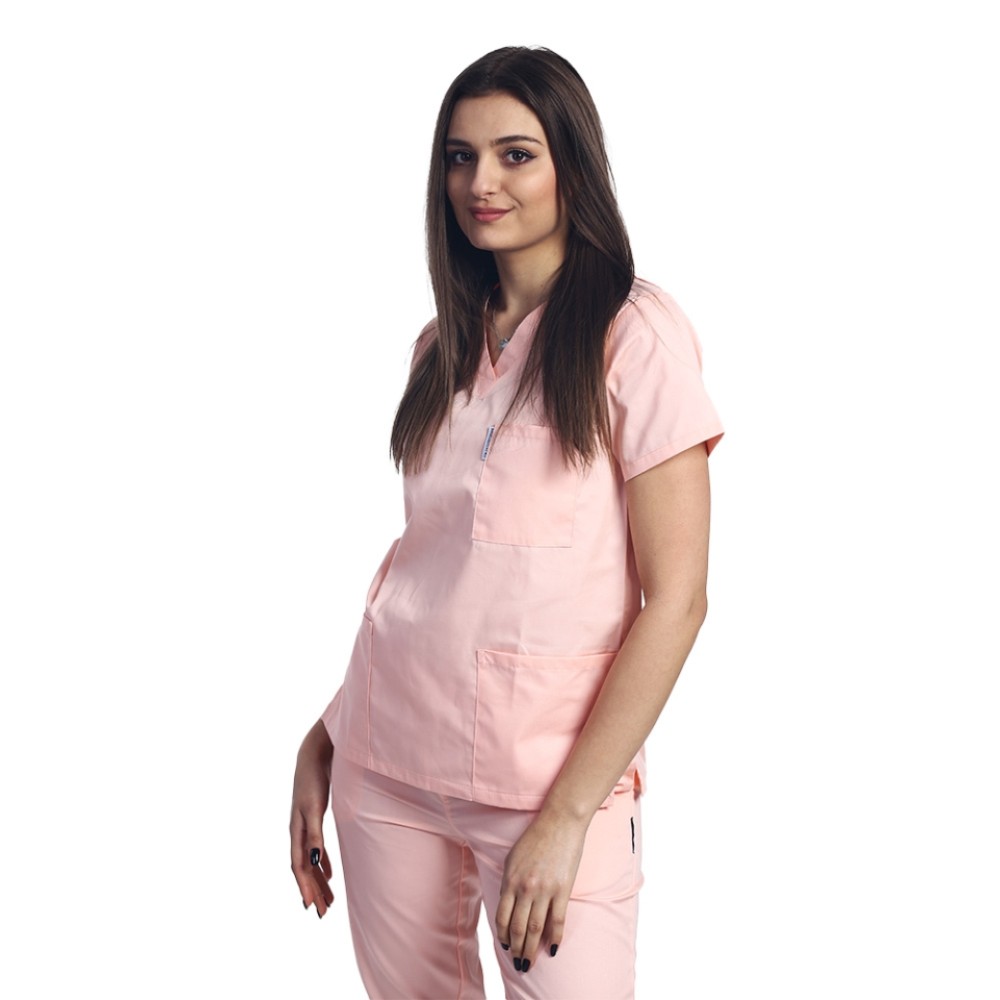 Halat de lucru piersica dama cu anchior in V si trei buzunare aplicate