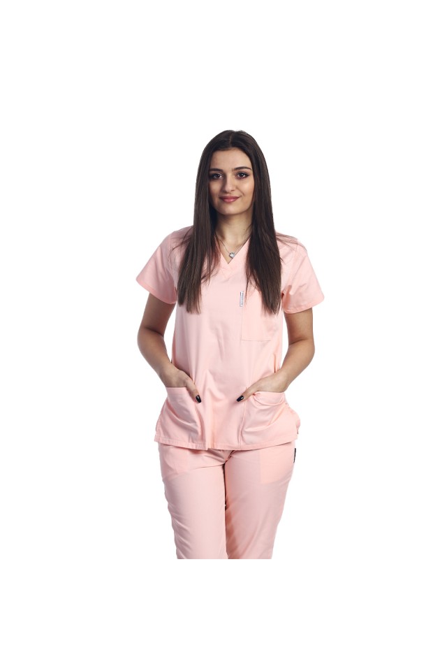 Halat de lucru piersica dama cu anchior in V si trei buzunare aplicate