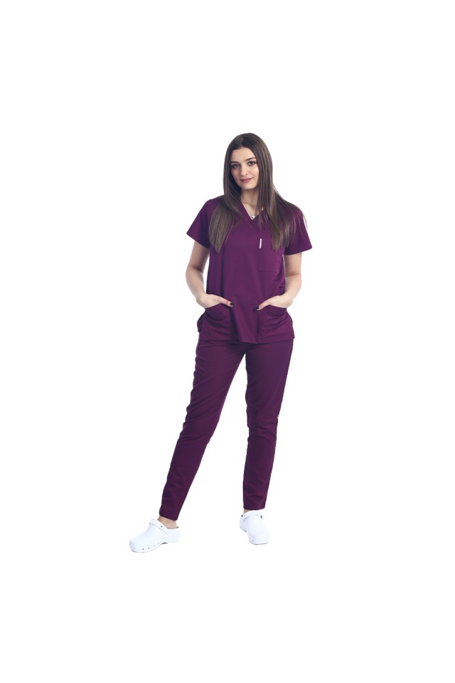 Halat de lucru visina dama cu anchior in V si trei buzunare aplicate