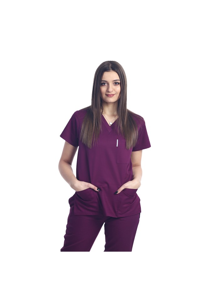 Halat de lucru visina dama cu anchior in V si trei buzunare aplicate