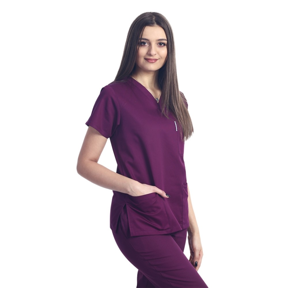 Halat de lucru visina dama cu anchior in V si trei buzunare aplicate