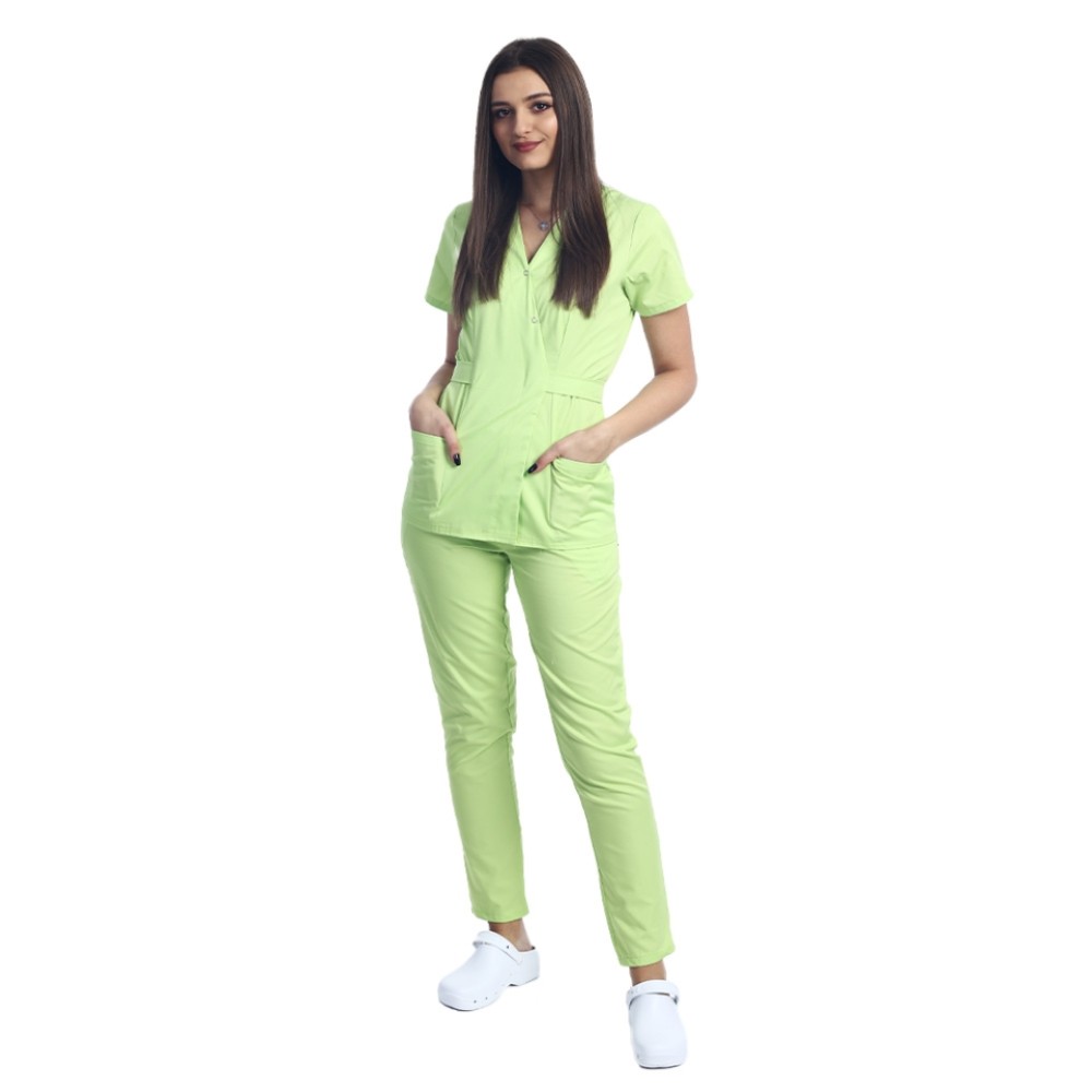 Costum receptionera lime, cu bluza tip kimono si pantaloni cu elastic