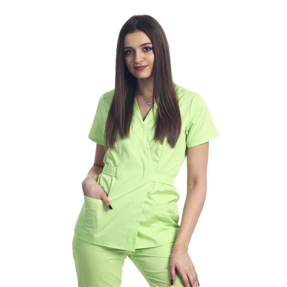 Costum receptionera lime, cu bluza tip kimono si pantaloni cu elastic