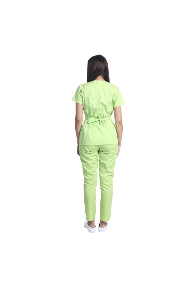 Costum receptionera lime, cu bluza tip kimono si pantaloni cu elastic