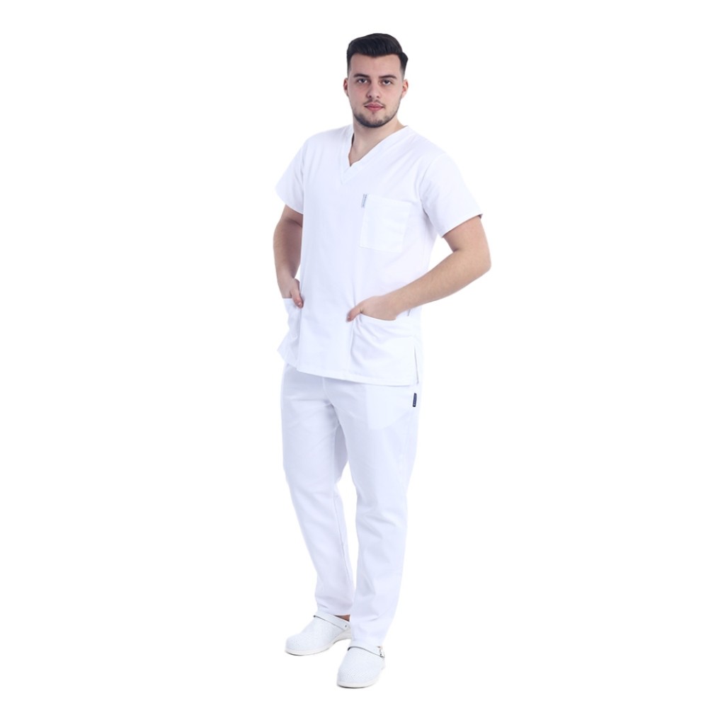 Uniforma de lucru barbati alb cu pantaloni cu snur si elastic in talie