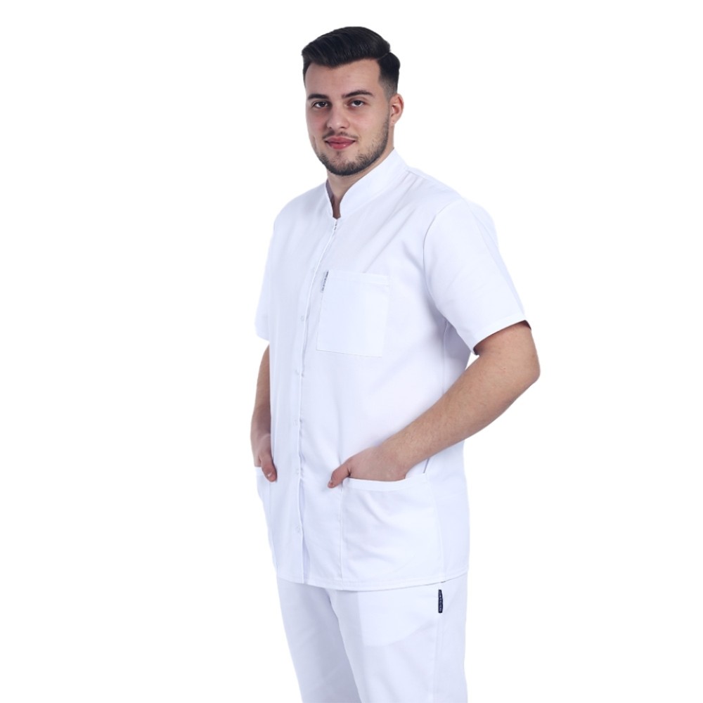 Halat de lucru pentru barbati alb cu guler tip tunica si trei buzunare