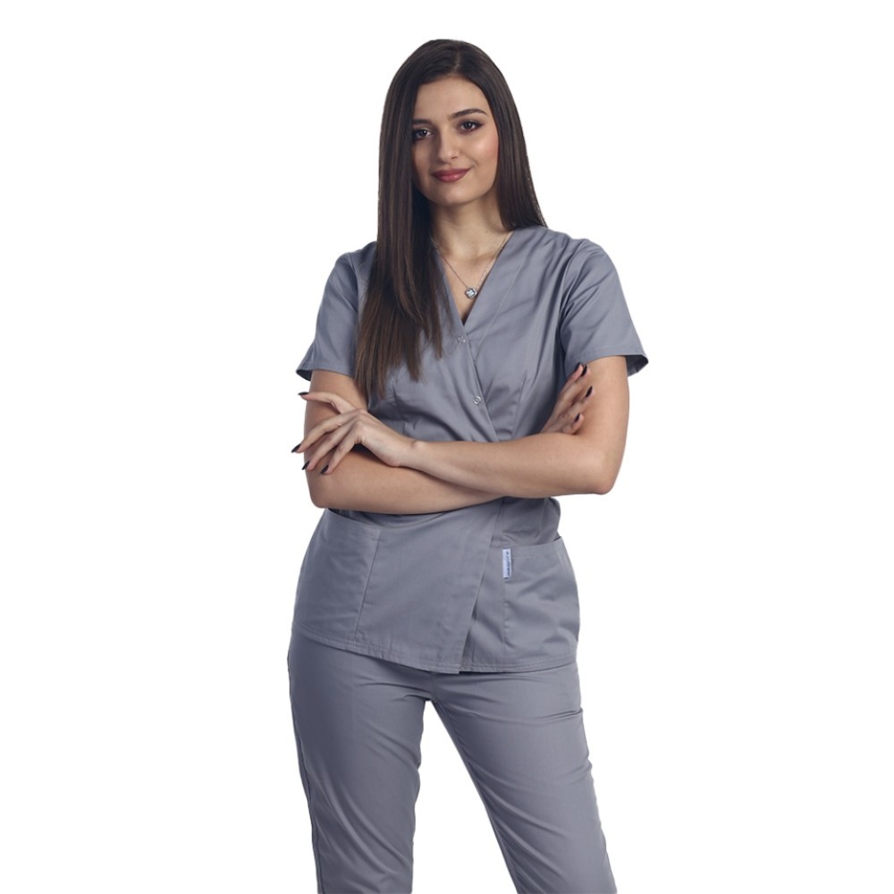 Halat pentru domeniul alimentar kimono gri cu doua buzunare aplicate