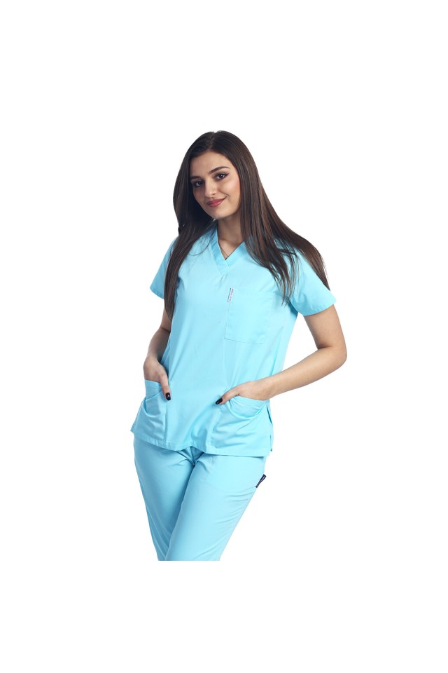 Halat de lucru menta dama cu anchior in V si trei buzunare aplicate